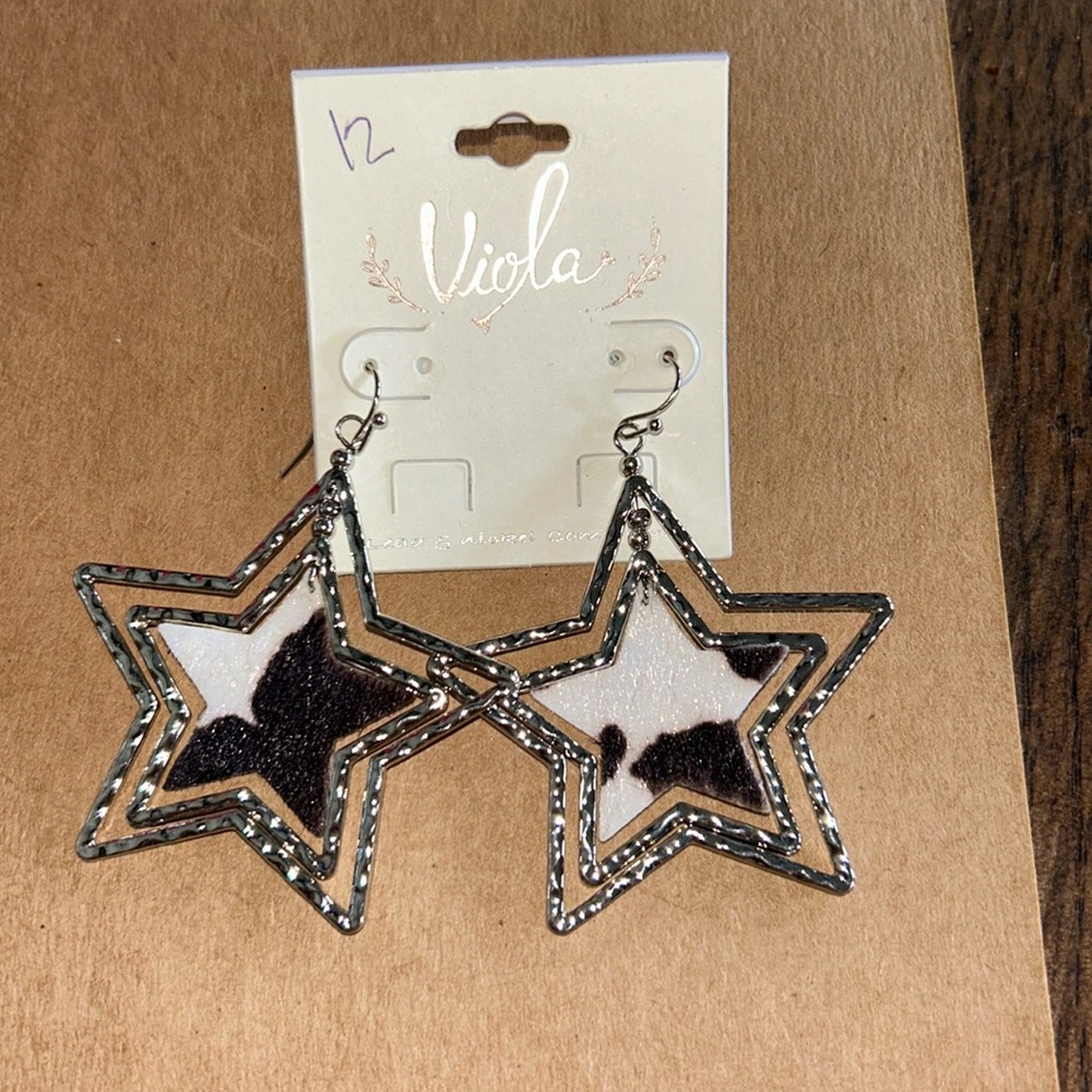 Silver star cowhide earrings
